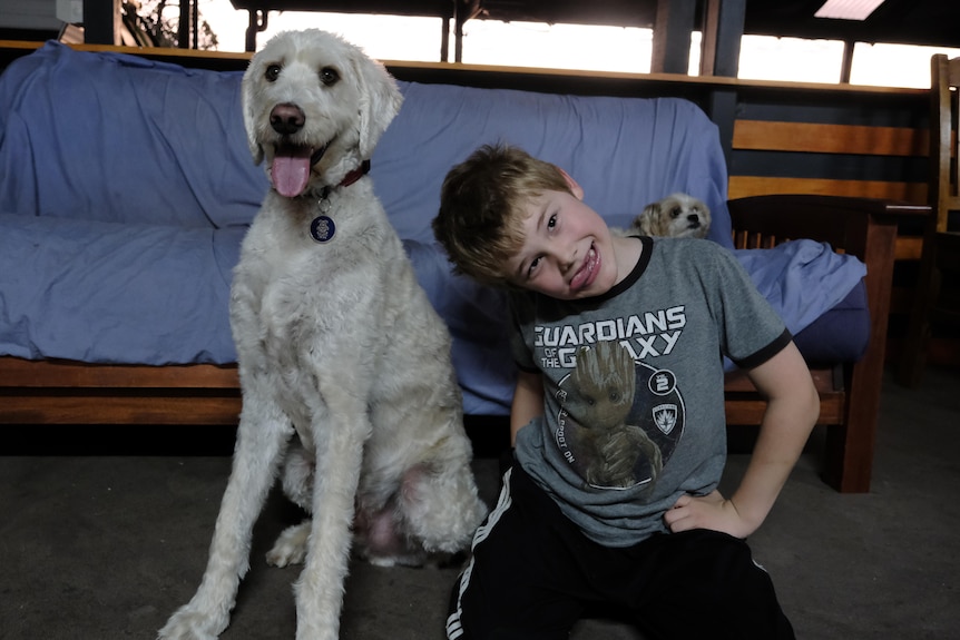 A boy sitting on the floor with a large white dog