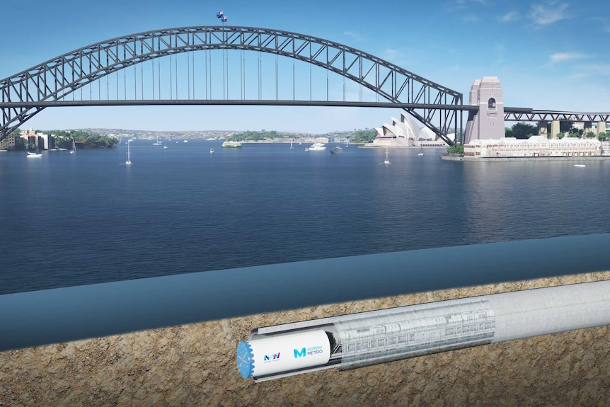 An artist impression of the construction of a railway tunnel through the bedrock of Sydney Harbour.