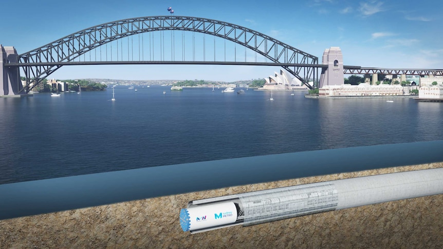 An artist impression of the construction of a railway tunnel through the bedrock of Sydney Harbour.