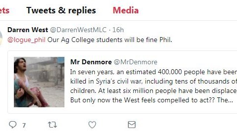 A screenshot of a politician's tweet sharing Syrian civil war casualty numbers and stating agricultural students will be fine.