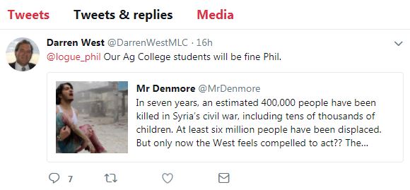 A screenshot of a politician's tweet sharing Syrian civil war casualty numbers and stating agricultural students will be fine.