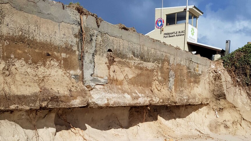 The carpark at Port Beach has been undercut by erosion.