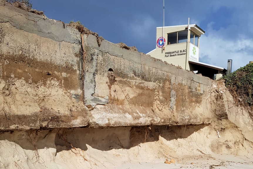 The carpark at Port Beach has been undercut by erosion.