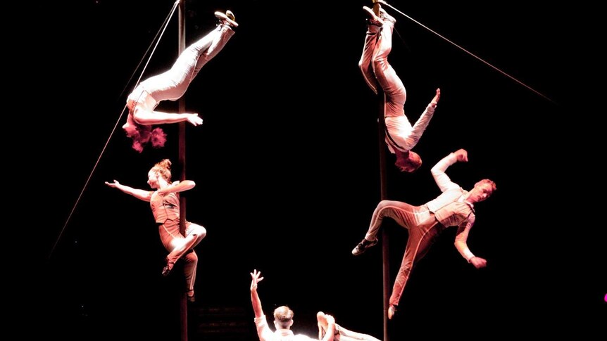 Acrobats perform a  pole routine