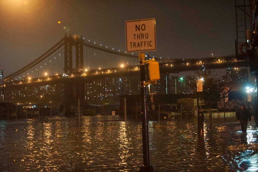 Flooded Brooklyn waterfront in NYC