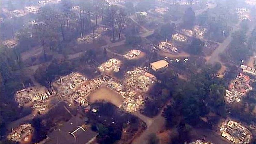 Marysville in ruins the day after the bushfire.