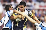 Try scorer Carl Webb attempts to get through the Cronulla defence