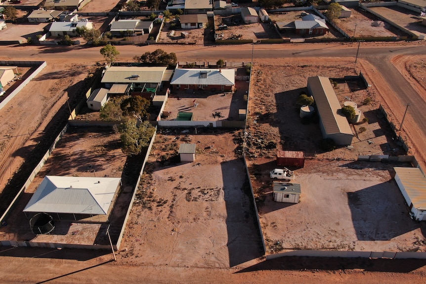 Aerial view of houses in a desert town