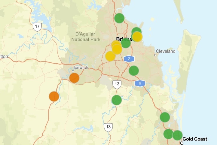A map from QFES shows poorer air quality levels around Ipswich, west of Brisbane.