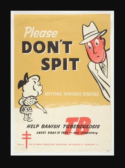 A poster with a cartoon drawing of a girl telling off a man in a hat. Text reads: Please do not spit, spitting spreads disease.