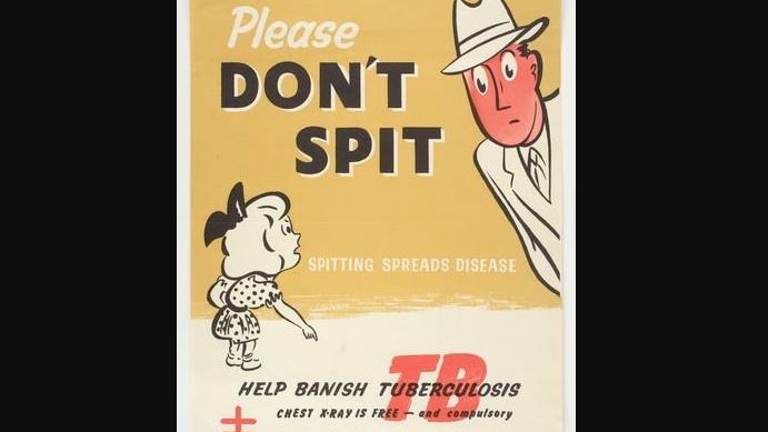A poster with a cartoon drawing of a girl telling off a man in a hat. Text reads: Please do not spit, spitting spreads disease.