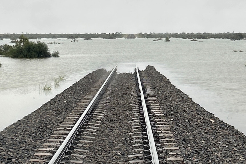 Flooding over a remote rail line in the outback.  