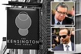 A composite image of the Kensington Wine Rooms sign in black and white, and insets of Mr Downer and Mr Papadopoulos.