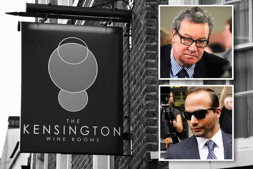 A composite image of the Kensington Wine Rooms sign in black and white, and insets of Mr Downer and Mr Papadopoulos.