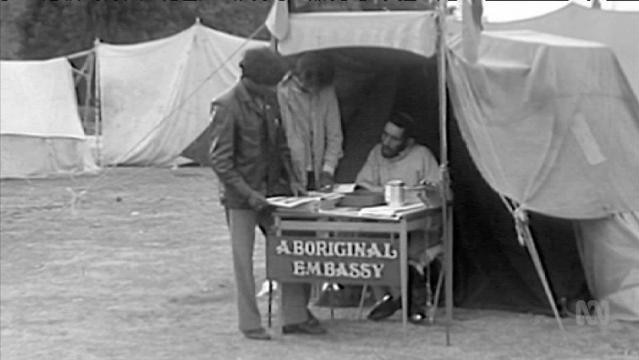Black and white photo of Indigenous men at Aboriginal Tent Embassy