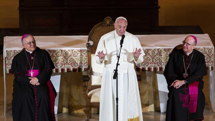 Pope Francis speaks to international bishops at Saint Charles Borromeo Seminary