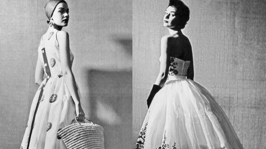 Models wear dresses from Givenchy's first collection in 1952.