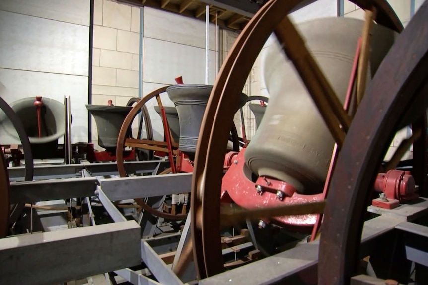 Inside the bell tower at a cathedral.