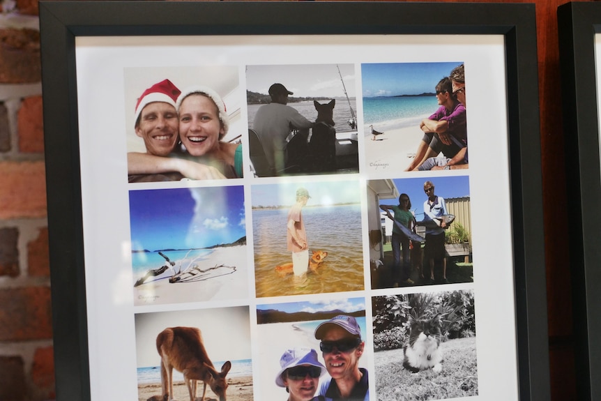 A photo frame with nine pictures in it featuring Matt and Kylie, a dog, the ocean and fishing. 