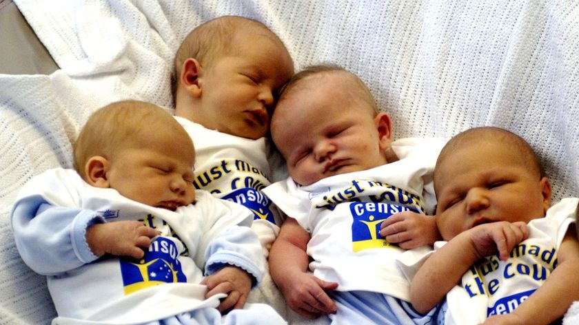 Newborn babies at John James hospital wear I just made the census count T-shirts in Canberra Aug 7 2006.