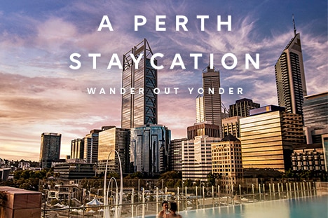 CBD staycation advertisement featuring people in a rooftop hotel pool against the Perth skyline.