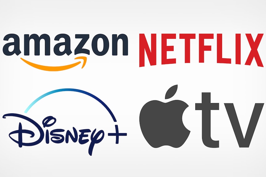 A composite image of the Netflix, Amazon, Disney and Apple TV logos. 