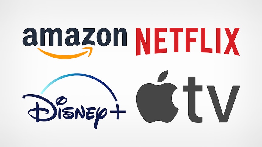 A composite image of the Netflix, Amazon, Disney and Apple TV logos. 