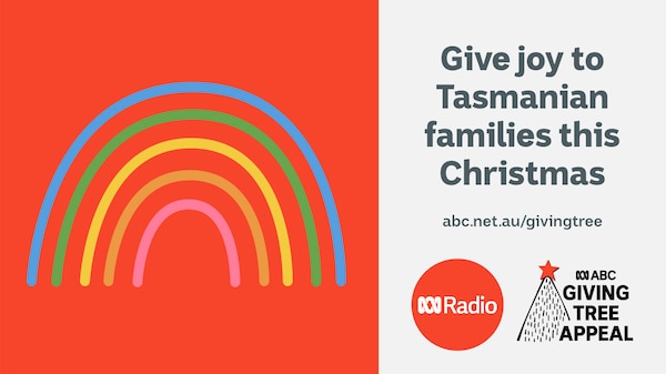 rainbow icon on red background with text, ABC Radio and ABC Giving Tree logo