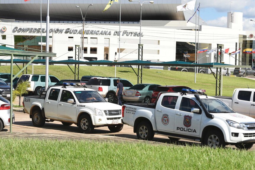 Police outside CONMEBOL headquarters in Paraguay