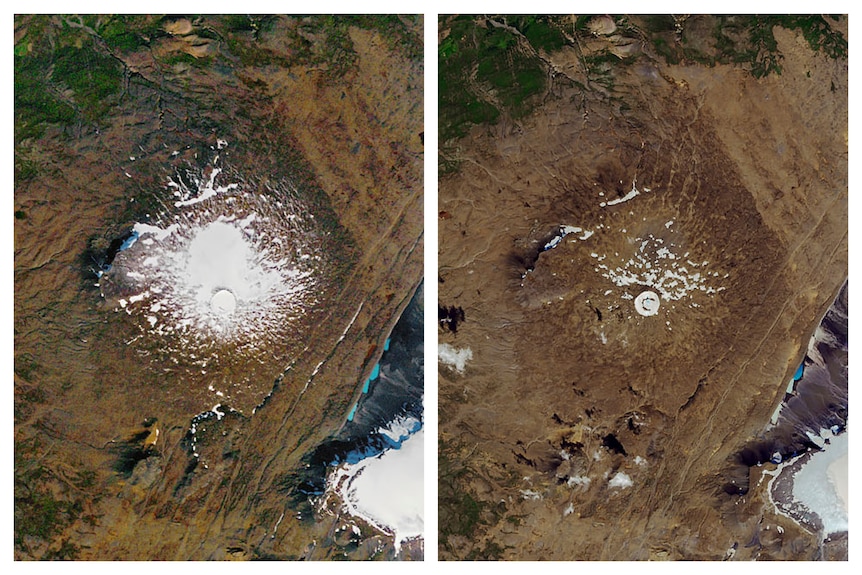 Due immagini affiancate mostrano i cambiamenti del vulcano, con la prima immagine che ha più ghiaccio della seconda. 