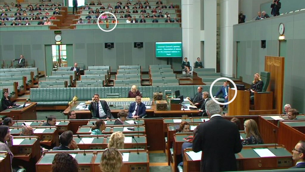 A group of people sitting in the public galleries in Parliament House with one woman blurred