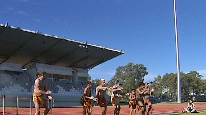 Aboriginal ceremony at the opening of the Shirley Strickland stadium.