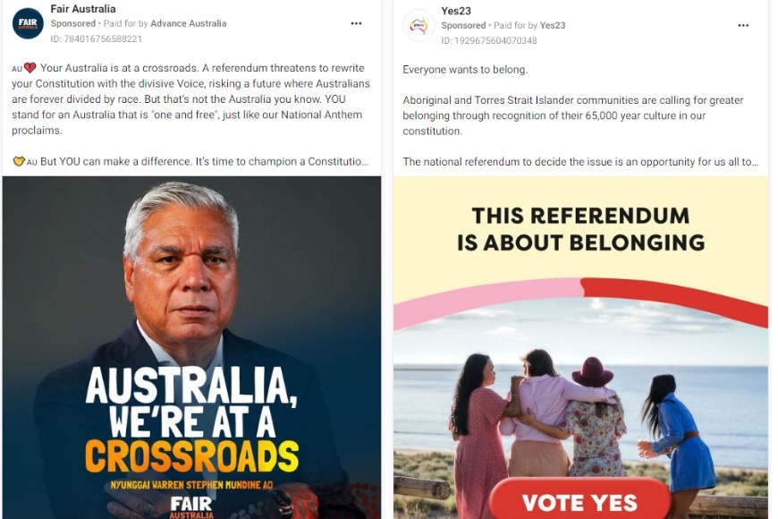 A composite image of two screenshots of Facebook ads from Fair Australia and Yes23,
