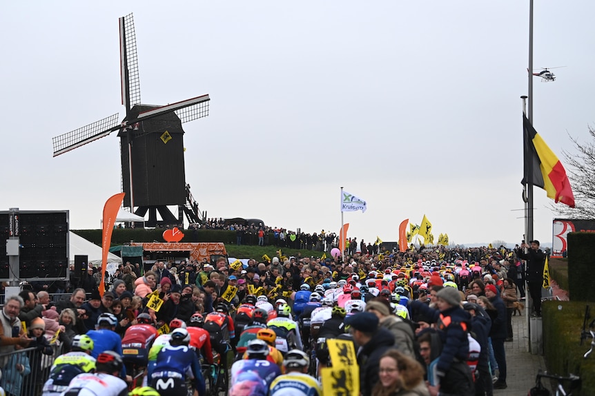 Crowds line the road with a windmill