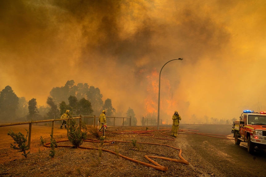 Flames and black smoke rise skywards as firefighters stand near a fence and a fire appliance with a fire hose on the ground.