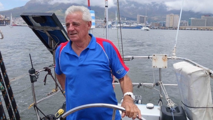 Jon Sanders heads Perie Banou II out into Table Bay for start of 2014 Cape to Rio Yacht Race, 1 April 2014.
