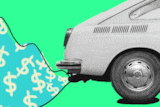 Gif of vintage car with exhaust smoke full of dollar signs illustrating the cost of owning a private vehicle.