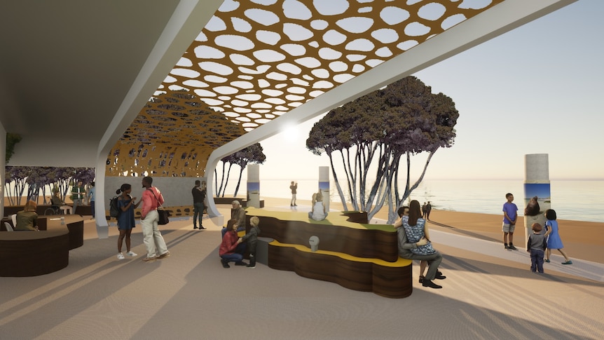 Concept design shows an outdoor area on the foreshore with an open air roof. 