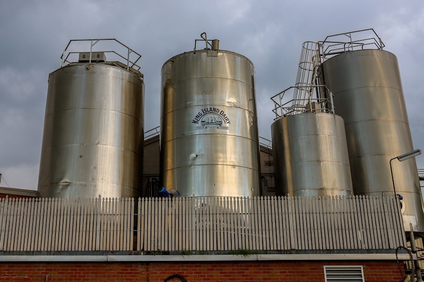 Large metal tanks at a factory with king island dairy printed on one, beneath cloudy skies