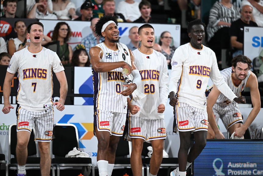 Sydney Kings players react on the bench during an NBL game.