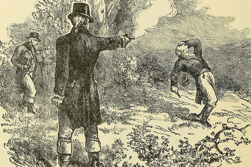 A black and white sketch of Burr shooting Hamilton