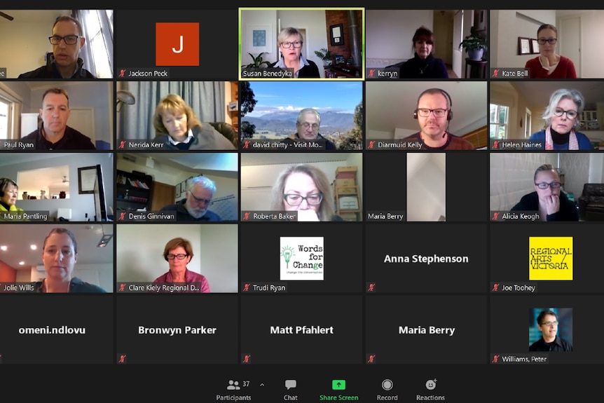 A screenshot of an online bushfire recovery forum with 37 participants held over Zoom