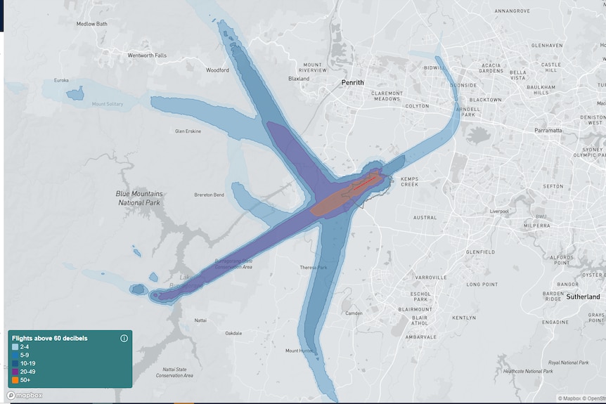 A map showing the impact of aircraft noise from an airport.