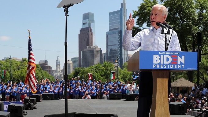 Democratic 2020 US presidential candidate and former vice president Joe Biden holds a campaign rally in Philadelphia.