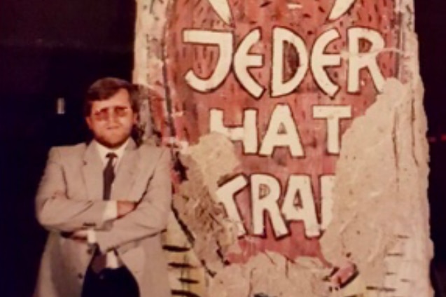 Peter Kubiak with the Berlin Wall slab he shipped to Australia