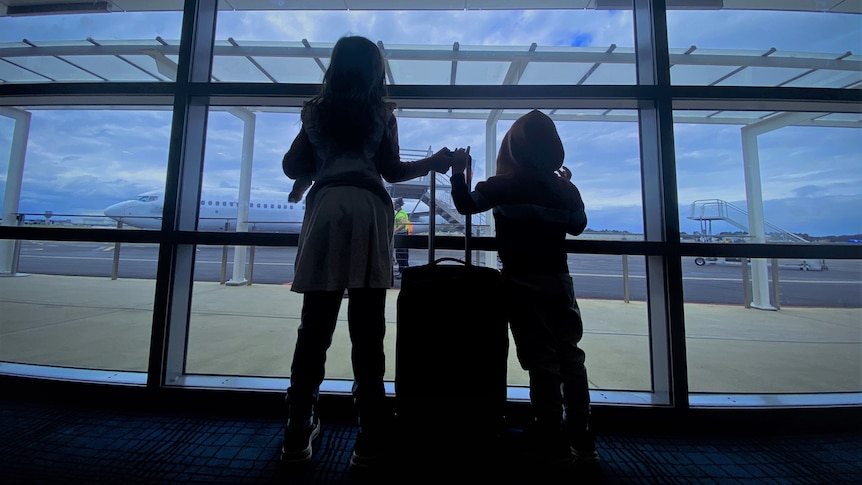 Two children holding a suitcase at an airport looking at a plane on the runway.