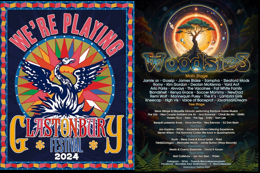 two music posters side by side. left one reads 'we're playing glastonbury festival in rainbow colours.