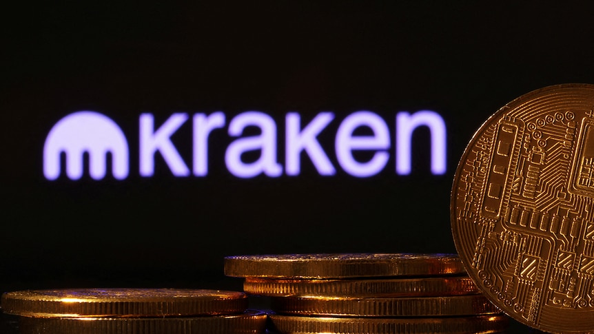 A number of golden, electronic-looking coins sit in front of an illuminated mauve logo which says "Kraken".