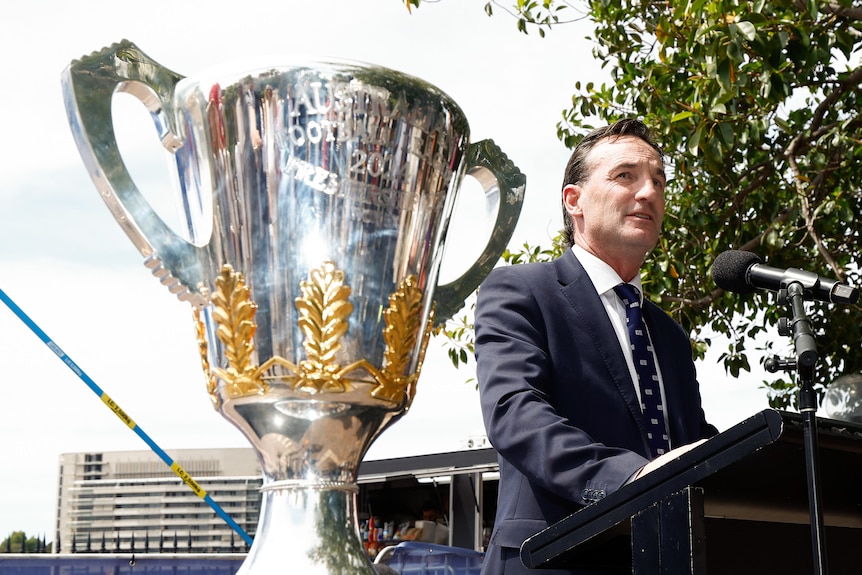 AFL CEO Andrew Dillon speaks to the media next to the premiership cup