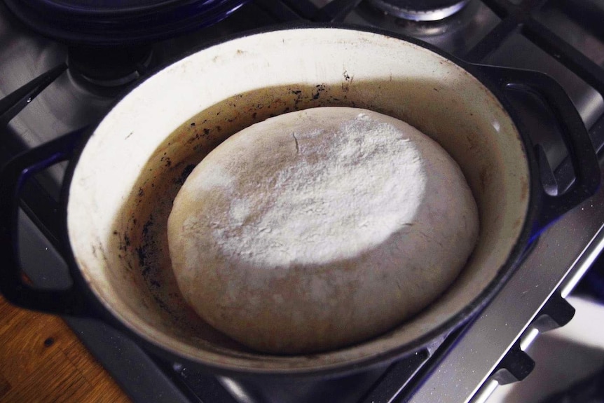 A mix of sourdough inside a large baking pot, illustrating a sourdough bread recipe.